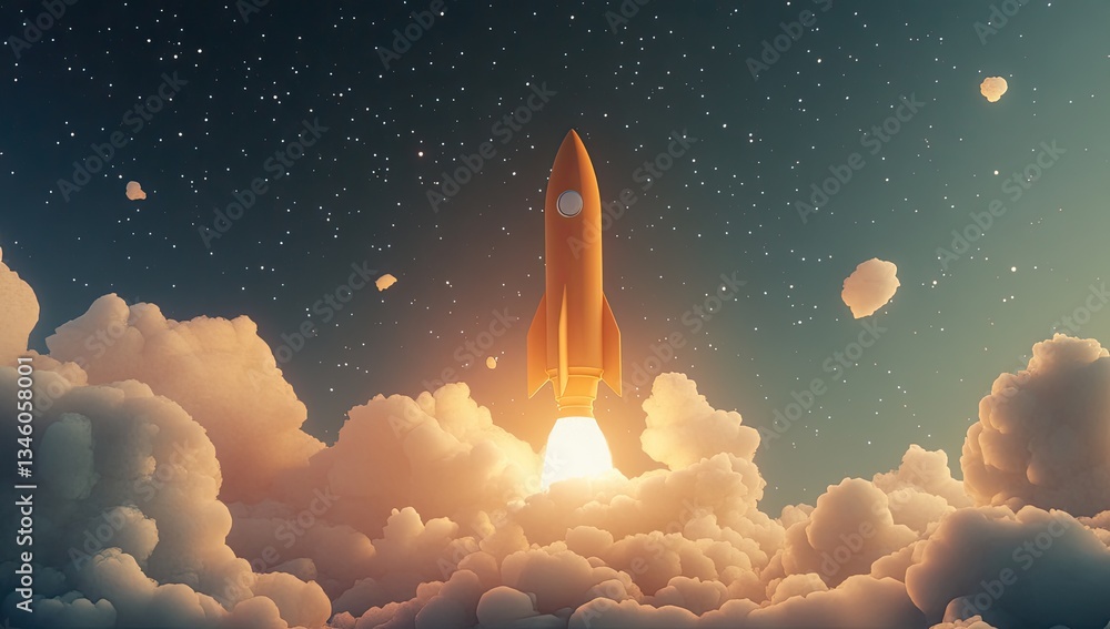 Obraz premium Rocket launch into starry night sky, bursting through clouds