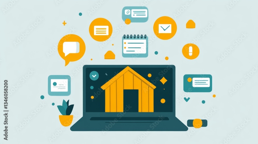 Smart Solutions for Real Estate Management and Growth. A laptop displaying virtual icons related to home and communication in a digital environment. Smart Solutions for Real Estate Management and Growth. A laptop displaying virtual icons related to home and communication in a digital environment.