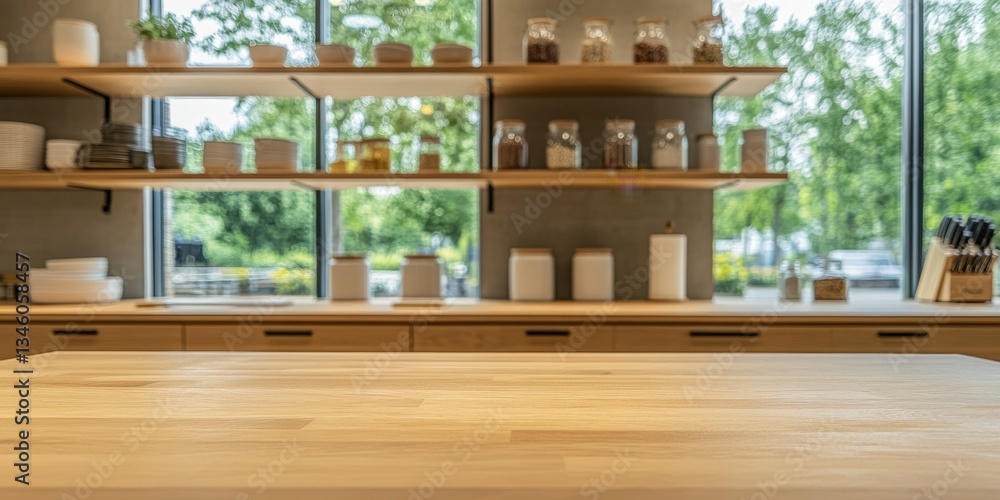 A beautifully designed kitchen with a wooden table, shelves, and a large window A beautifully designed kitchen with a wooden table, shelves, and a large window