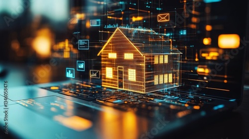 AI-Powered Smart Real Estate Management for Maximum Efficiency. A digital virtual house model displayed on a laptop screen in a futuristic environment.