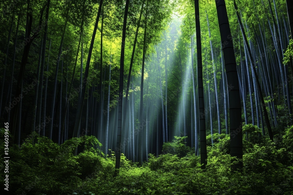 Fototapeta premium A peaceful bamboo forest in Izu, with soft sunlight filtering through the tall, green stalks