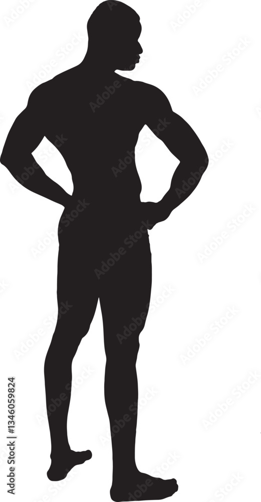 Fototapeta premium vector; silhouette of rear view of a standing muscular man arms akimbo
