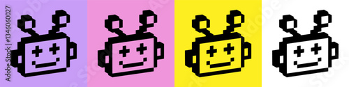 3d bot pixel art icon set. Y2k elements. Robot head. Chatbot emoji. Vintage bold retro sticker. Futuristic game abstract 3d vector pattern. Bright modern geometric shape. Computer, technology concept
