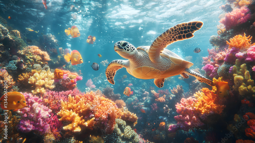 Obraz premium Vibrant Underwater Scene with a Sea Turtle and Coral Reef