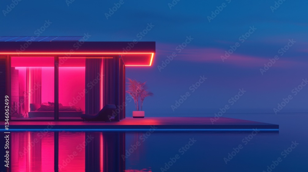 Modern minimalist house exterior with neon lights illuminated at twilight over still water, showcasing tranquility and contemporary design aesthetics Modern minimalist house exterior with neon lights illuminated at twilight over still water, showcasing tranquility and contemporary design aesthetics