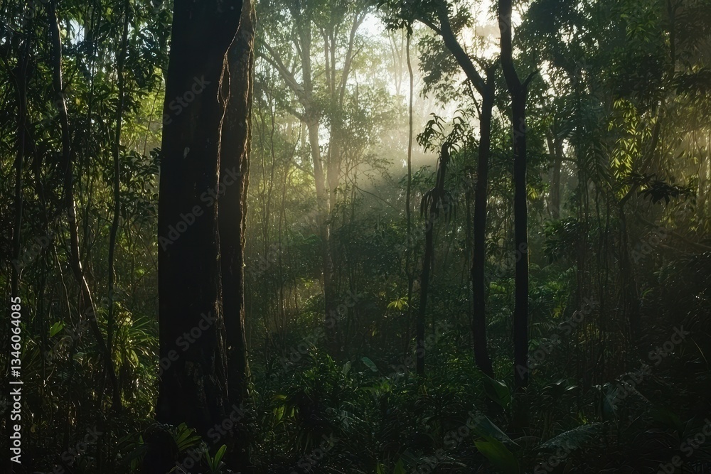 Lush Forest at Dawn: A dense forest with towering trees shrouded in morning mist Lush Forest at Dawn: A dense forest with towering trees shrouded in morning mist