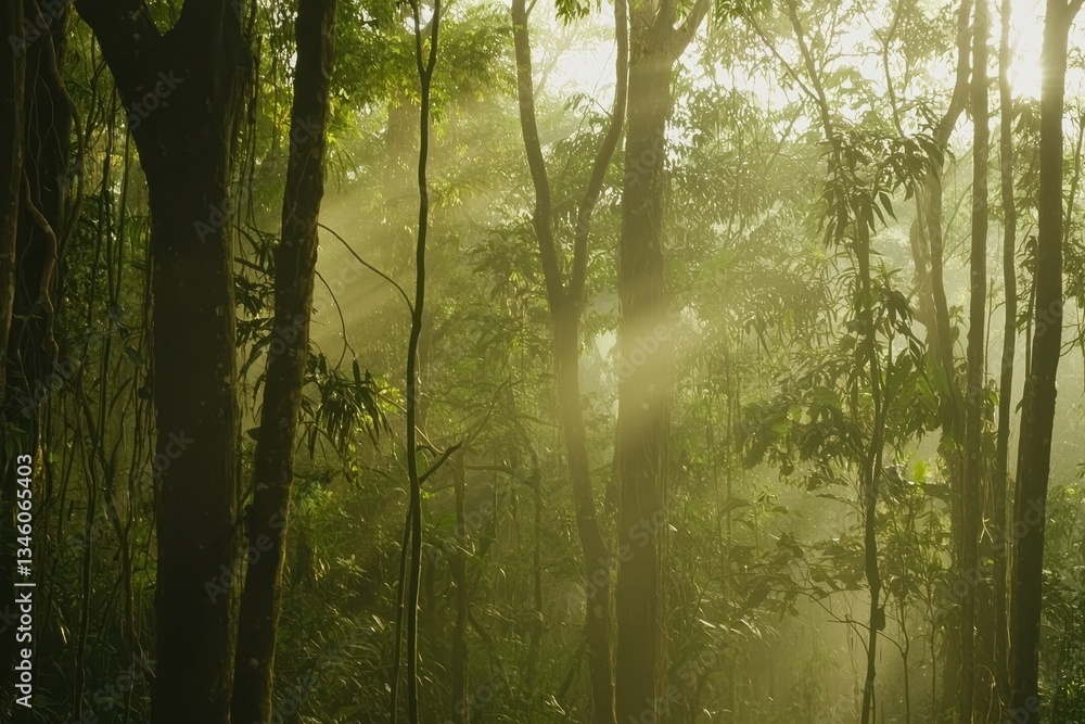 Fototapeta premium Lush Forest at Dawn: A dense forest with towering trees shrouded in morning mist