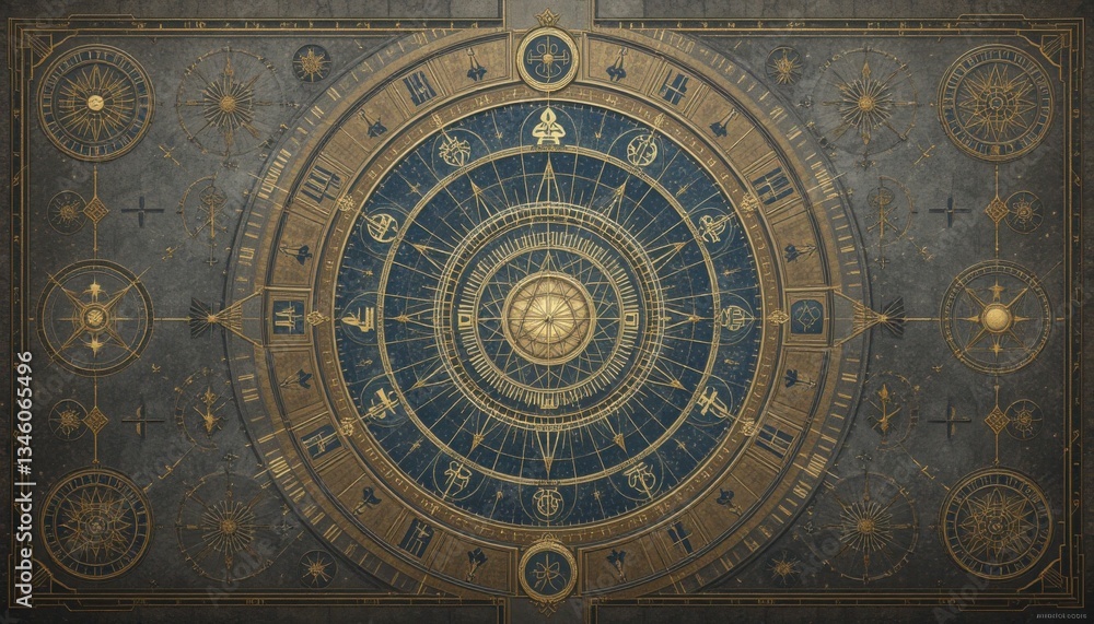 Intricate Astrological Chart with Golden and Blue Detailing Background Image Intricate Astrological Chart with Golden and Blue Detailing Background Image