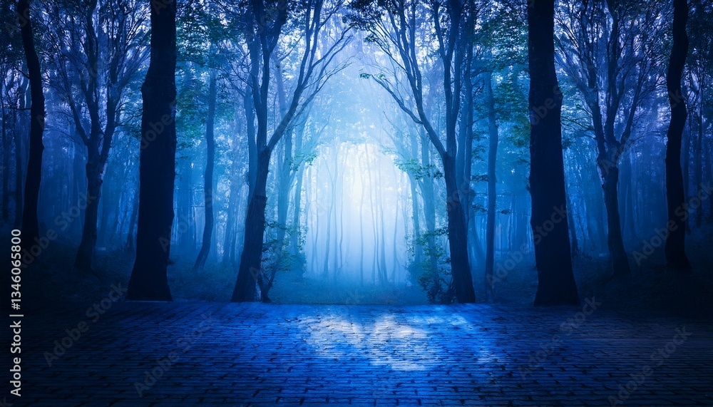 Obraz premium eerie blue forest with glowing light creating a mystical and serene atmosphere
