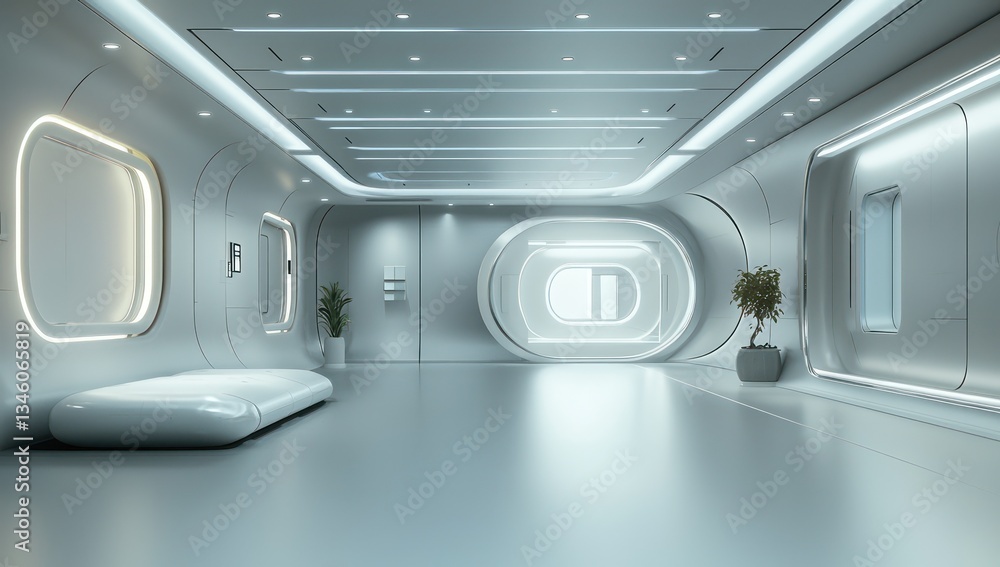 Obraz premium Minimalistic gallery in 3D with vast empty wall spaces, soft lighting, and a modern design to emphasize simplicity.