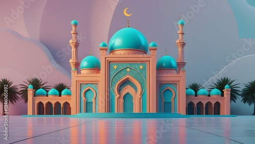 Serene Mosque Illustration with Muted Colors and Geometric Detailing