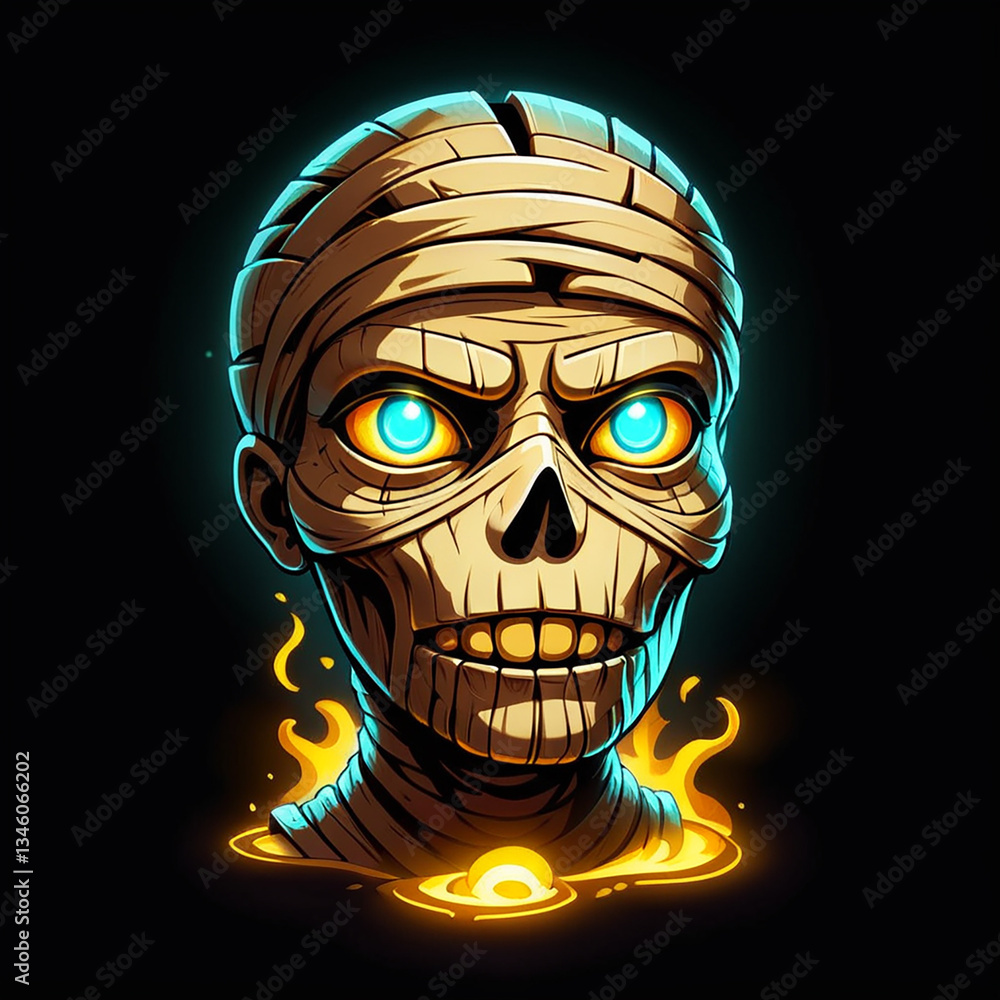 Fototapeta premium Eerie mummy head characterized by glowing blue eyes, intricate bandaging, and radiant orange flames, set against a dark and mystical background, creating a haunting atmosphere.