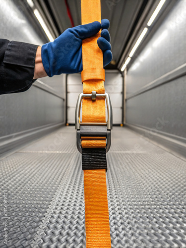 Securely Holding an Orange Cargo Strap Inside a Shipping Container with Steel Floor