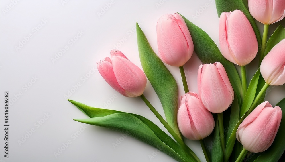 beautiful pink tulips on white background with green leaves beautiful pink tulips on white background with green leaves