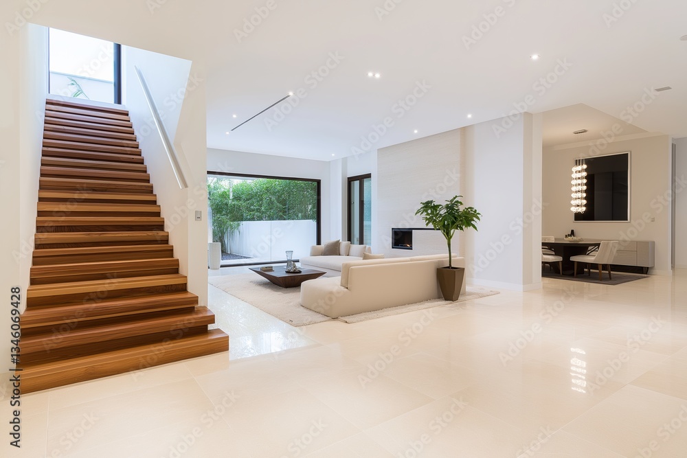 Fototapeta premium A large, open living room with a white fireplace and a potted plant. The room is well-lit and has a modern, clean aesthetic