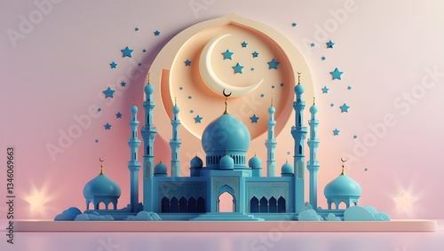 Stylized Mosque with Crescent Moon and Stars in Pastel Tones Illustration