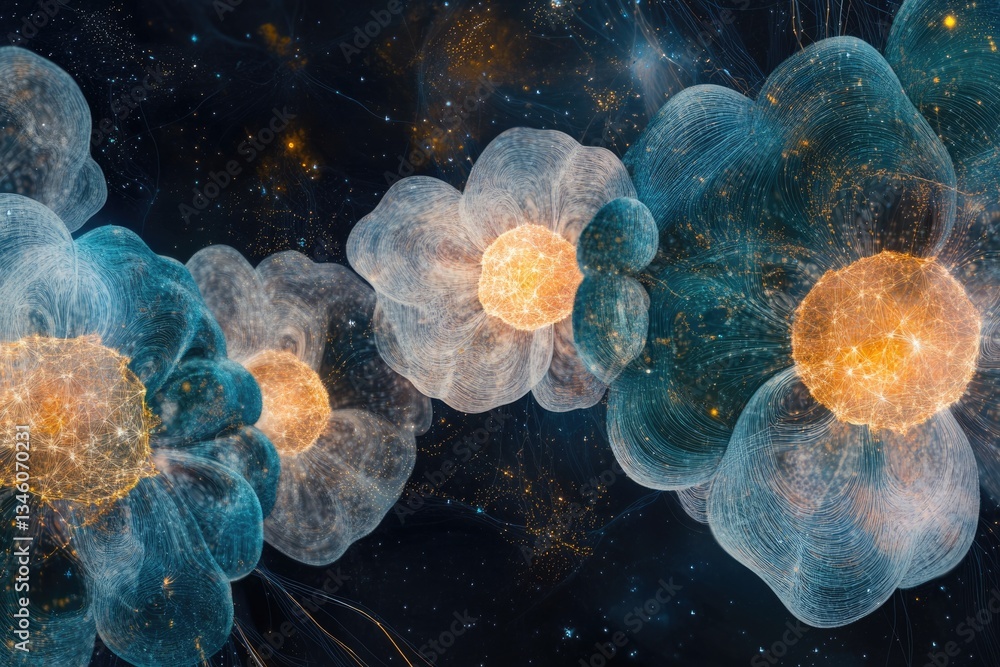 Obraz premium Abstract cosmic flowers with interconnected glowing centers, a mesmerizing blend of teal and gold.