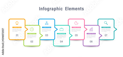 7 steps or elements infographics with text and icons.