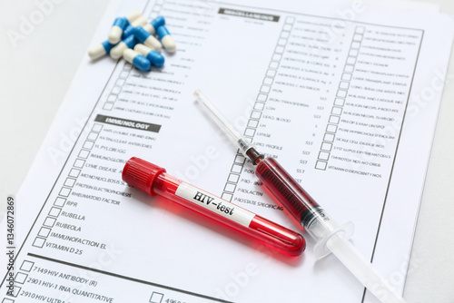 HIV blood test tube, syring...