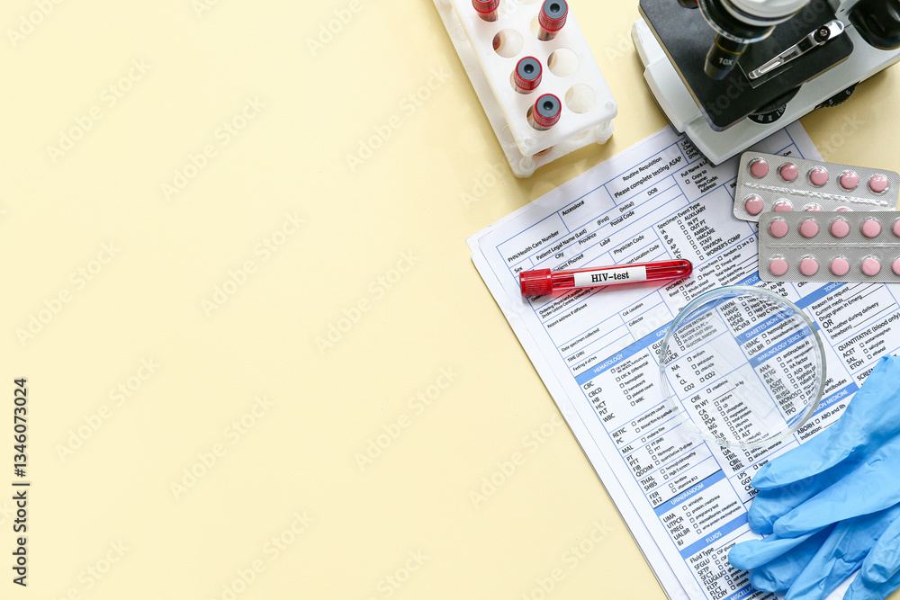Fototapeta premium HIV blood test tubes, pills and laboratory report form on yellow background