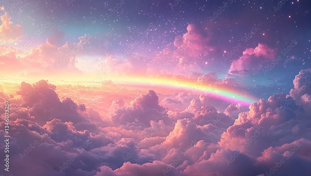 A vibrant, pastel-colored, dreamy sky filled with clouds and a rainbow, bathed in warm, golden light, dotted with sparkling stars A vibrant, pastel-colored, dreamy sky filled with clouds and a rainbow, bathed in warm, golden light, dotted with sparkling stars