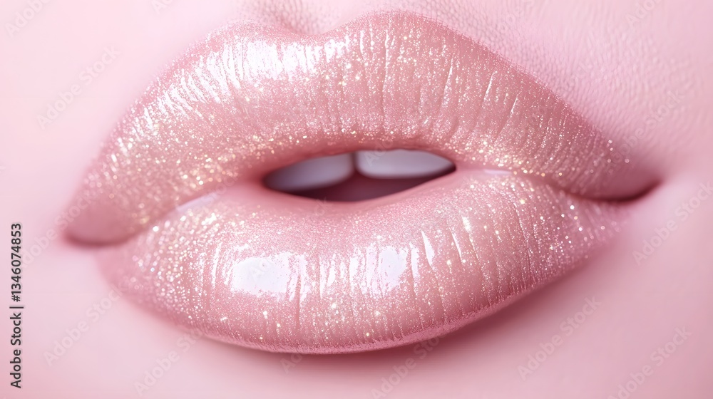 Obraz premium Glittering pink lips showing white teeth and open mouth