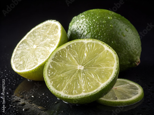 Fresh lime slice and half isolated on black background. Lime fruit slice, leaves and green juice