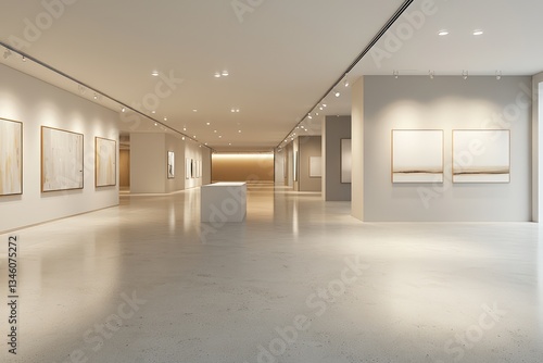 3D virtual gallery with dynamic lighting, soft minimalist design, ideal for showcasing products in a modern virtual space.