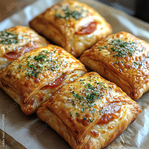 A group of pastries with pepperoni and parsley on top