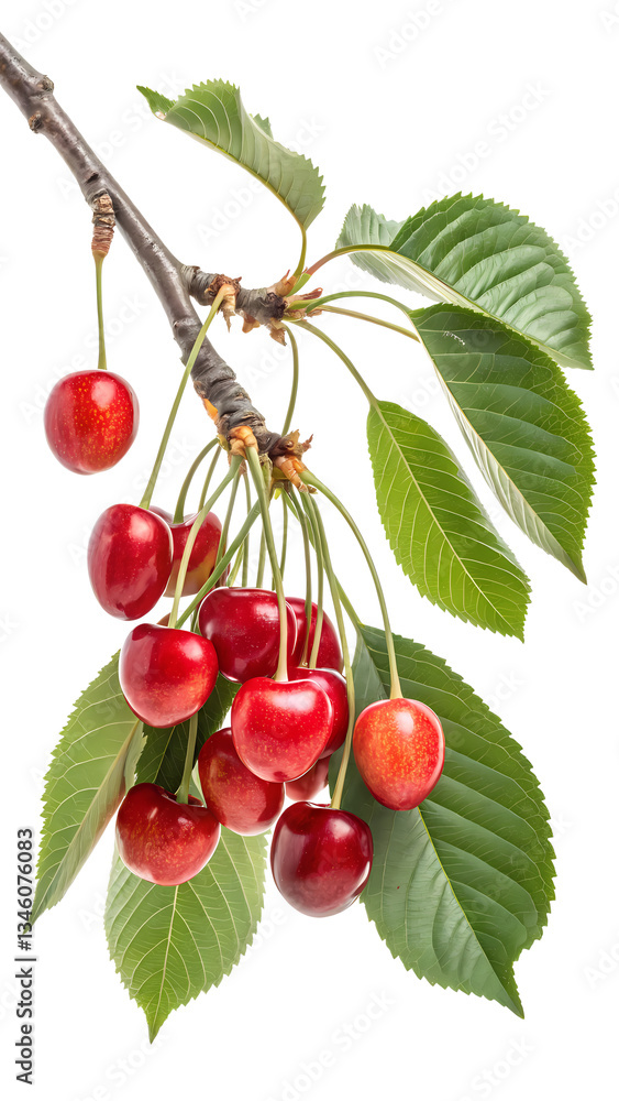 A branch of ripe red cherries with vibrant green leaves isolated on white background showing fresh juicy fruit perfect for summer desserts or healthy snacks A branch of ripe red cherries with vibrant green leaves isolated on white background showing fresh juicy fruit perfect for summer desserts or healthy snacks