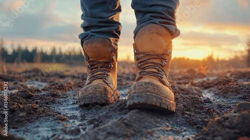 A medium closeup of a workers boots planted firmly on the ground. 