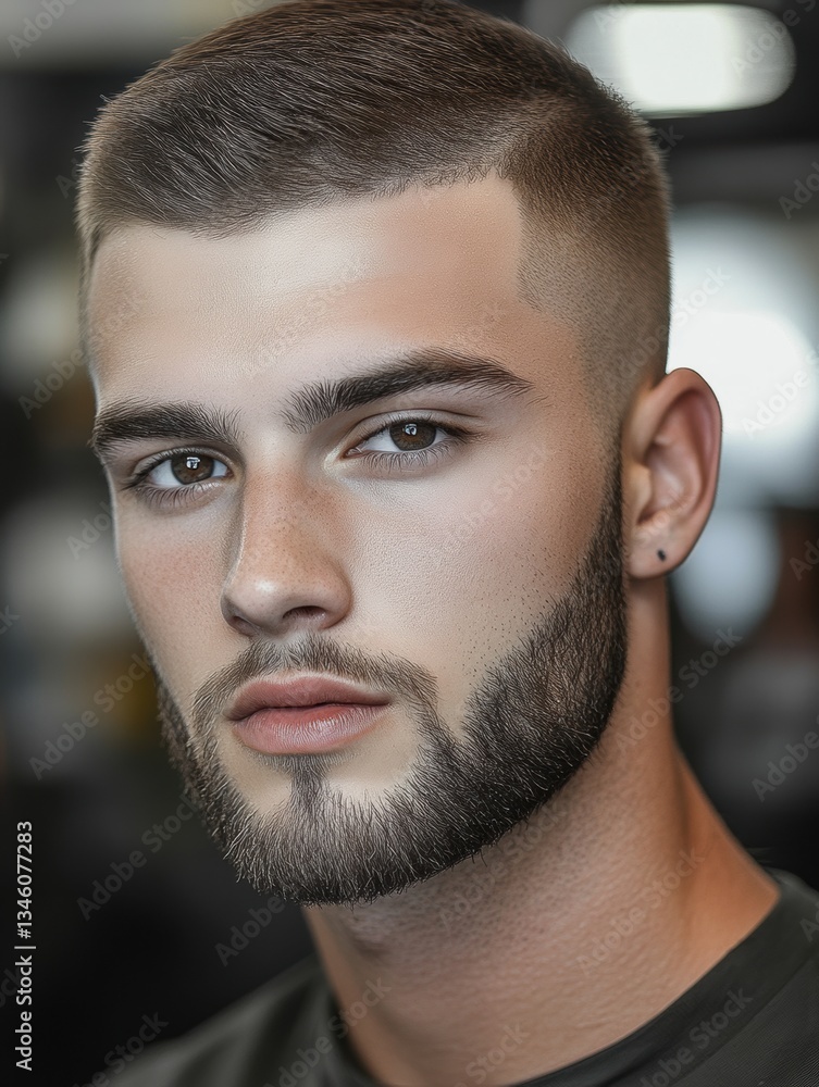 Obraz premium Modern male portrait showcasing a stylish haircut and well-groomed beard in a barbershop setting during daylight hours