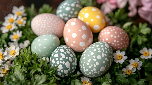 Pastel Easter Eggs Nest Spring Flowers.