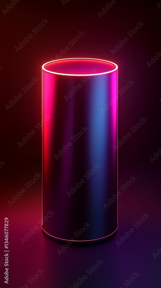 A sleek, dark cylinder glowing with vibrant pink and blue neon, a futuristic symbol of mystery and elegance under dramatic lighting. A sleek, dark cylinder glowing with vibrant pink and blue neon, a futuristic symbol of mystery and elegance under dramatic lighting.
