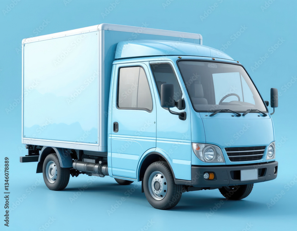 Fototapeta premium Light Blue Delivery Truck Isolated on Light Blue Background Studio Shot