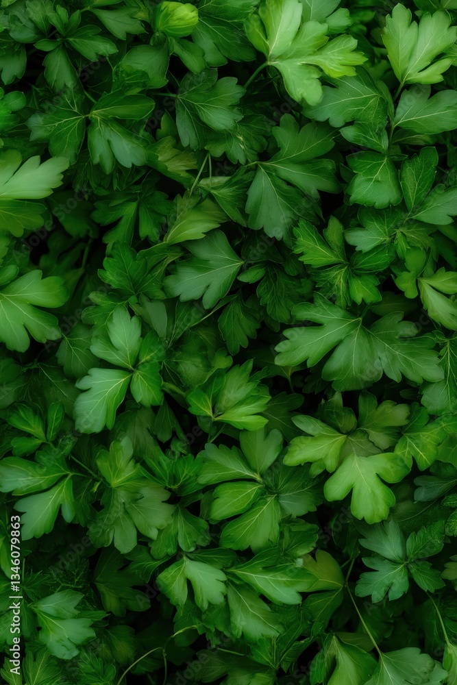 A close up of green leaves of parsley. The leaves are very green and appear to be fresh A close up of green leaves of parsley. The leaves are very green and appear to be fresh