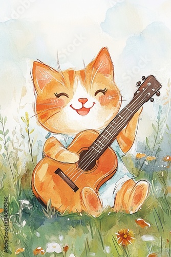 Joyful orange cat playing guitar in colorful flower meadow