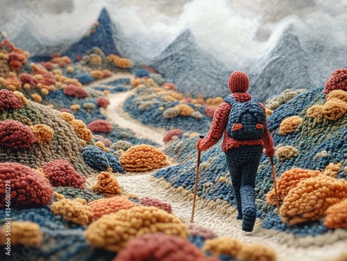 Colorful yarn scenery features a hiker walking on a path through textured mountains and vibrant flora during a serene daytime