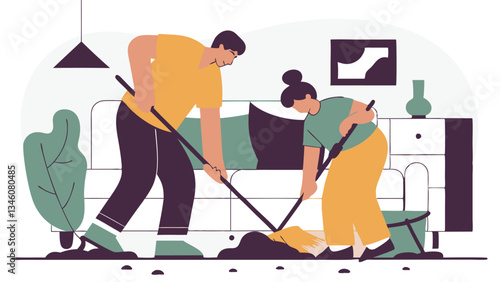 A father and child sweep the floor together, helping with the cleaning of the house. They spend time usefully, learning responsibility and developing household skills.