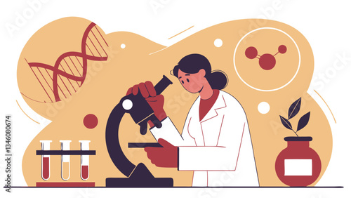 A female scientist is conducting research in a lab, examining samples under a microscope. She is working on a medical experiment related to DNA, vaccines and biotechnology.