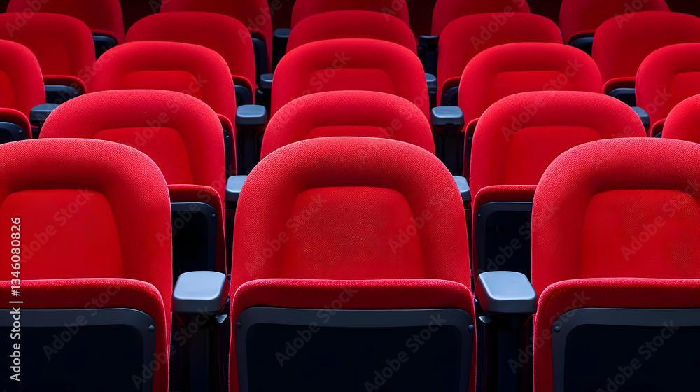 Naklejka premium Rows Of Red Plush Seats In Empty Theater Auditorium With Dim Lighting And Black Armrests