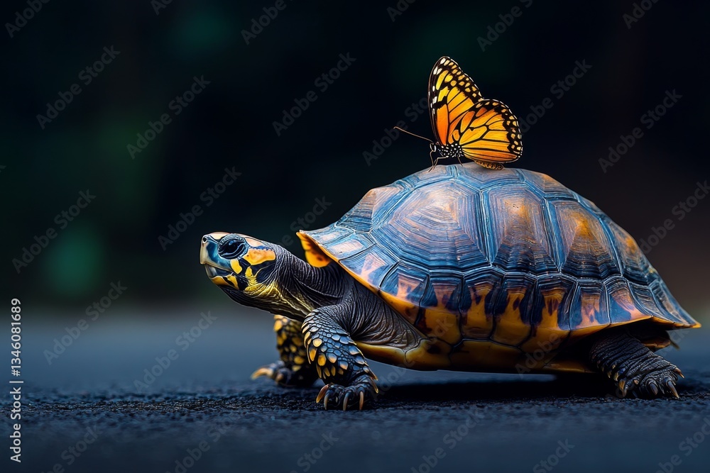 Obraz premium A turtle crossing a country road, pausing as a butterfly lands on its shell