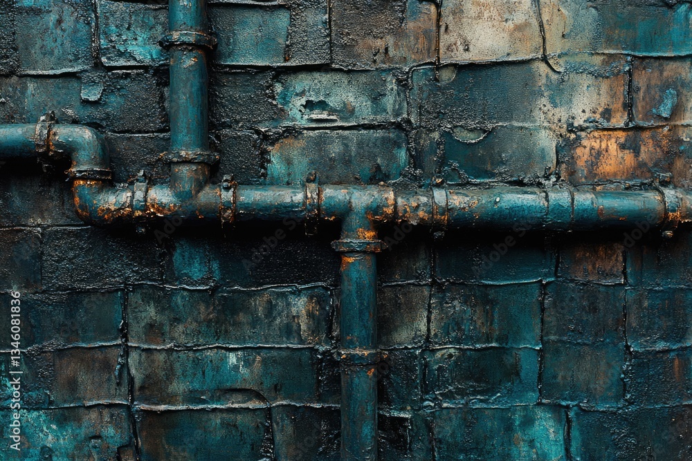 Rustic teal wall with intersecting rusty pipes, creating an industrial, aged aesthetic.