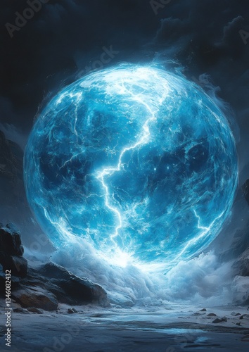 A large blue planet with a stormy sky and lightning bolts