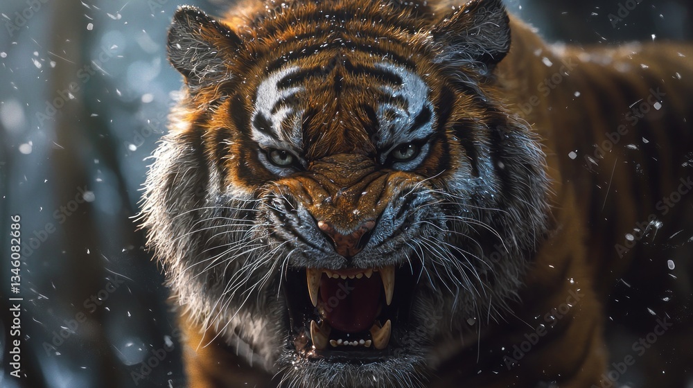 Roaring Siberian Tiger in Winter's Embrace Roaring Siberian Tiger in Winter's Embrace