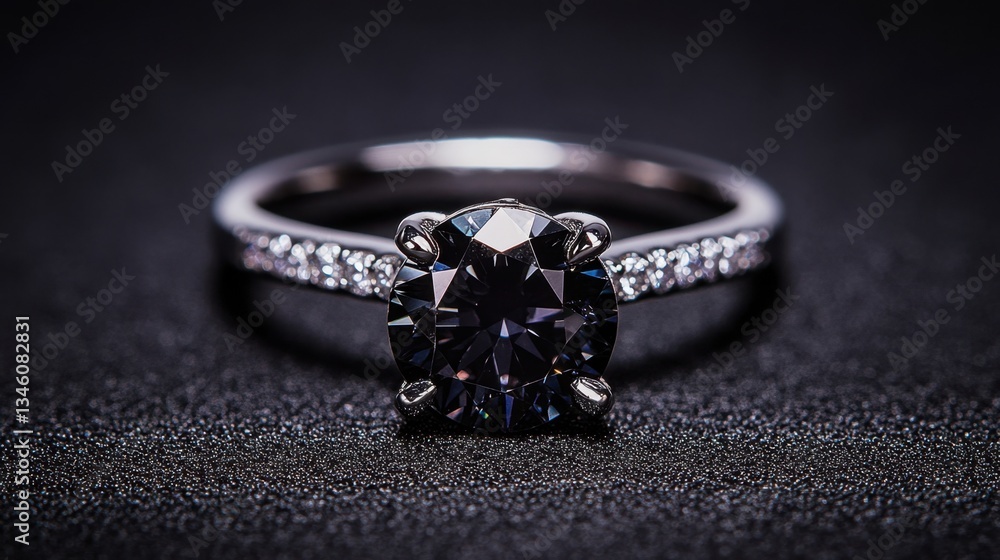 A black diamond ring with a unique design showcased on a rich black satin surface A black diamond ring with a unique design showcased on a rich black satin surface
