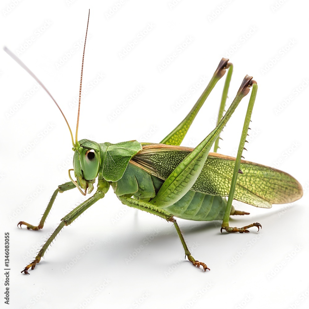 Fototapeta premium Green grasshopper on a leaf and grass with detailed close-up of its legs and antenna, showcasing its natural beauty in the wild