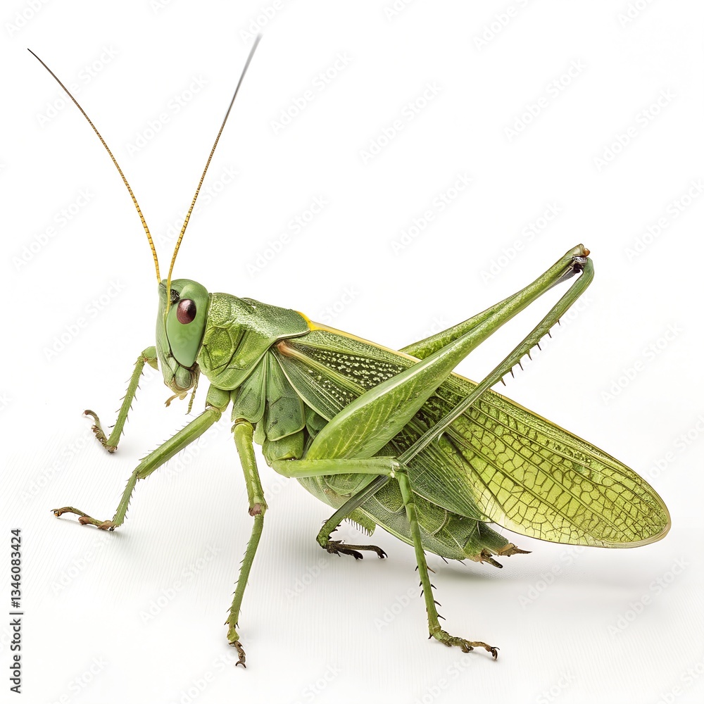 Green grasshopper on a leaf with close-up details and antenna on a white background Green grasshopper on a leaf with close-up details and antenna on a white background