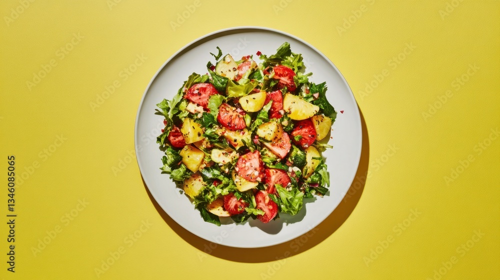 A colorful fruit salad on a round plate set against a vibrant yellow background A colorful fruit salad on a round plate set against a vibrant yellow background