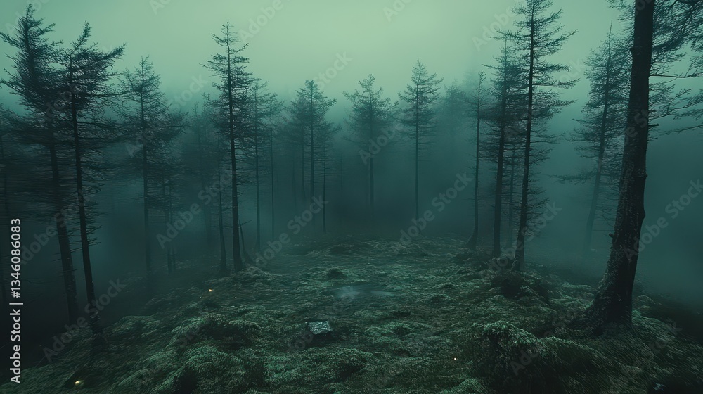Obraz premium Dark forest environment featuring many tall trees and heavy fog